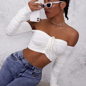 RUCHED DRAWSTRING OFF-THE-SHOULDER CROP TOP